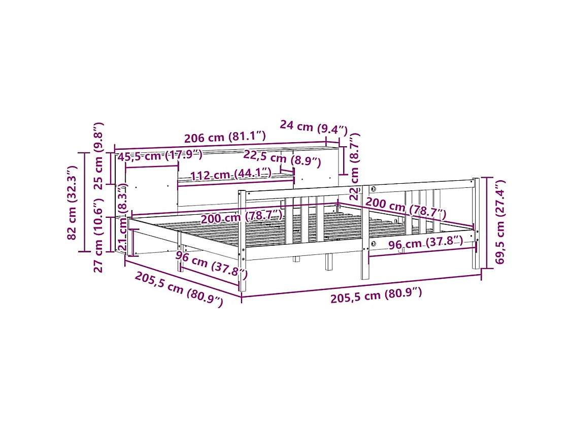 Lit bibliothèque sans matelas 200x200 cm bois massif de pin