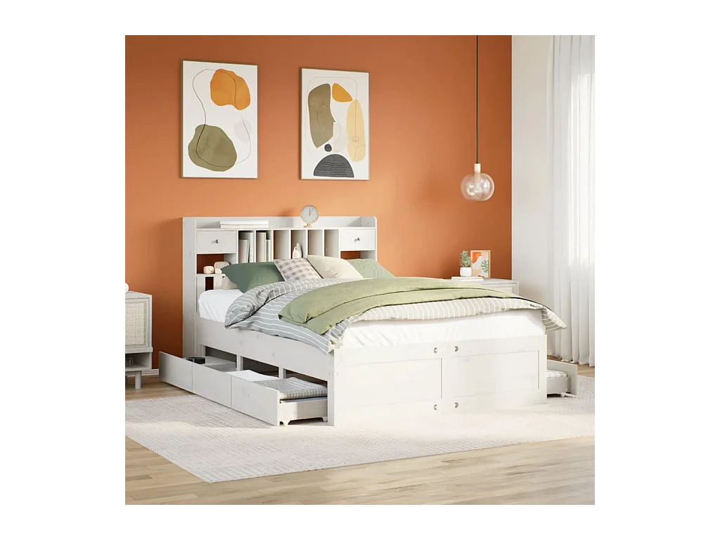 Lit bibliothèque sans matelas blanc 160x200 cm bois pin massif