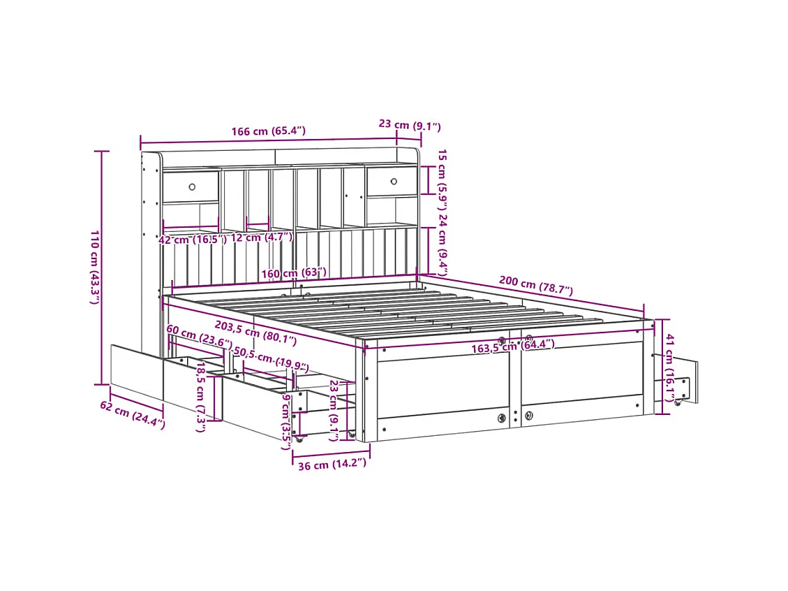 Lit bibliothèque sans matelas blanc 160x200 cm bois pin massif