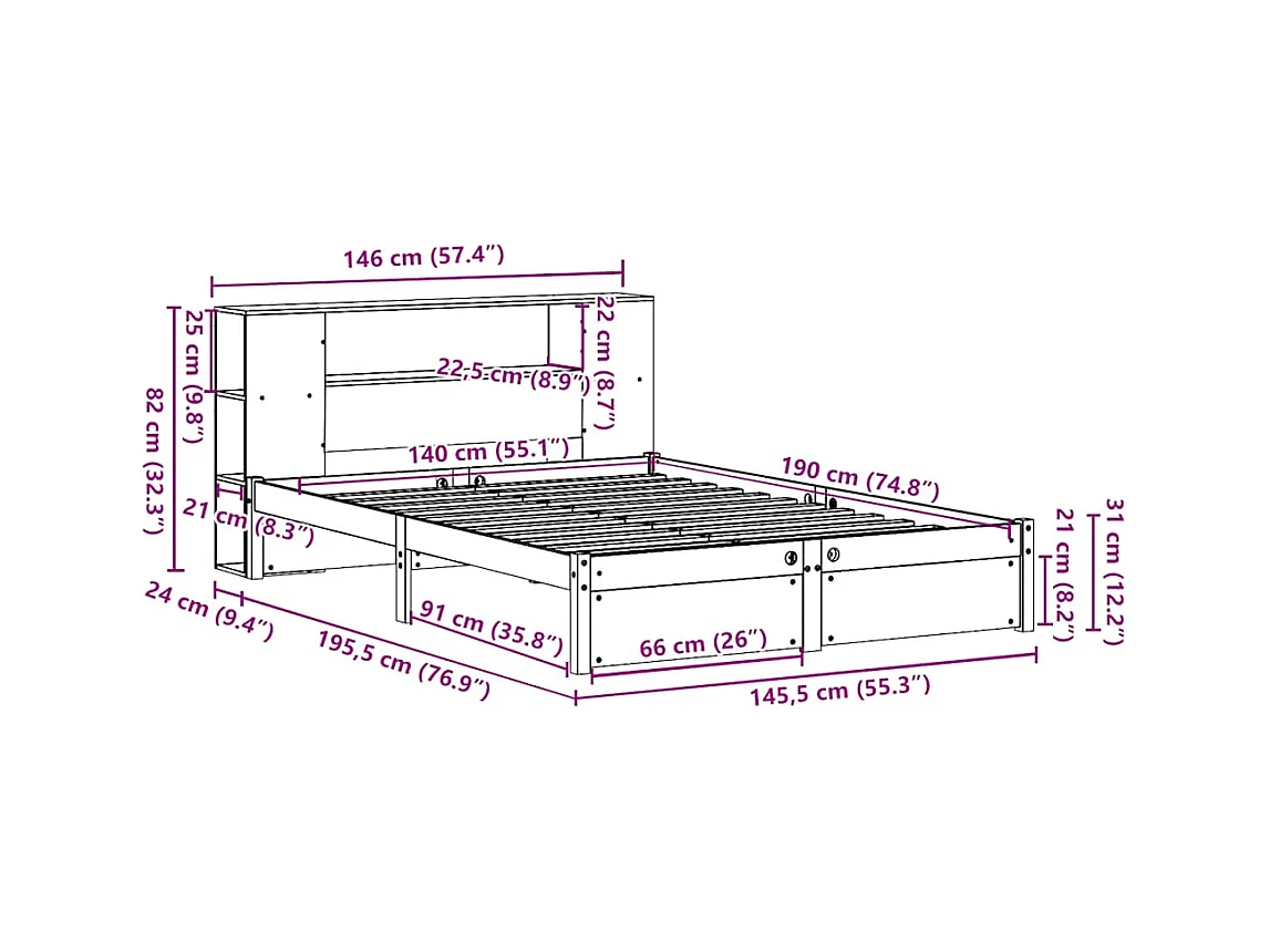Lit bibliothèque sans matelas 140x190 cm bois de pin massif