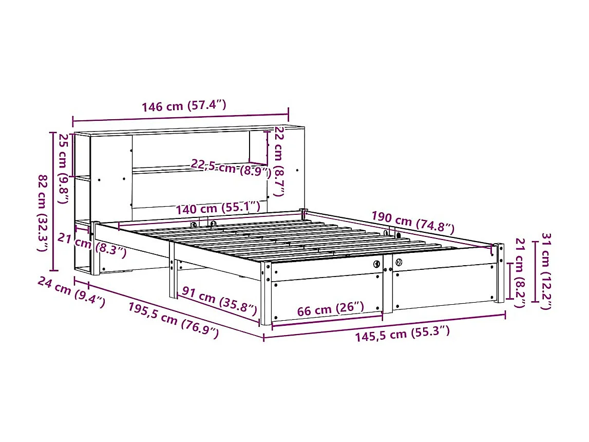 Bed met boekenkast zonder matras massief grenenhout 140x190 cm