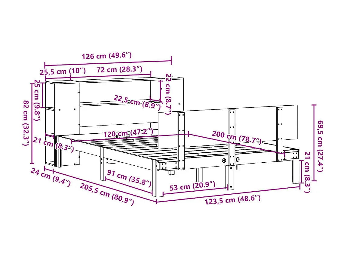 Bed met boekenkast zonder matras grenenhout wit 120x200 cm