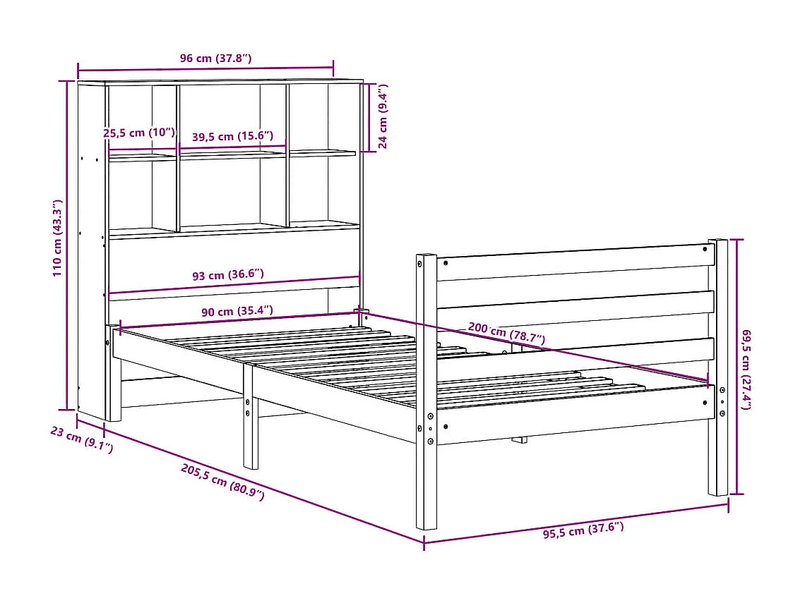 Letto Libreria senza Materasso Bianca 90x200 cm Legno di Pino