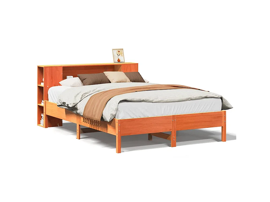 Lit bibliothèque sans matelas cire marron 135x190 cm pin massif