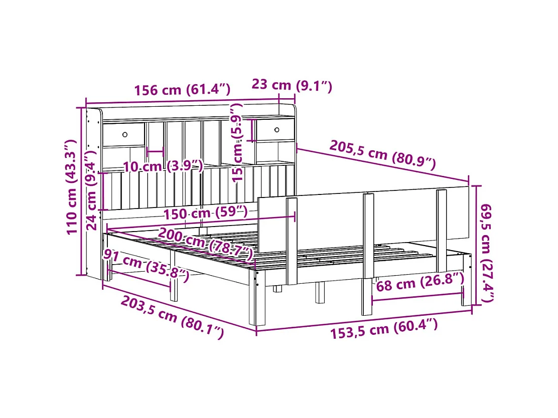 Lit bibliothèque sans matelas 150x200 cm bois massif de pin