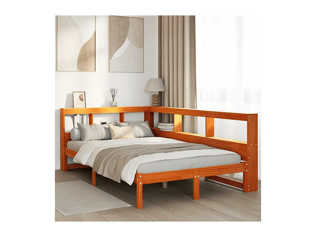 Massivholzbett mit Regal ohne Matratze Wachsbraun 135x190 cm