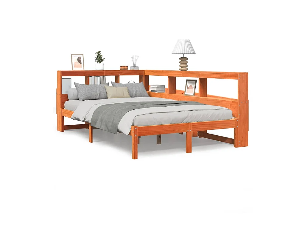 Massivholzbett mit Regal ohne Matratze Wachsbraun 135x190 cm