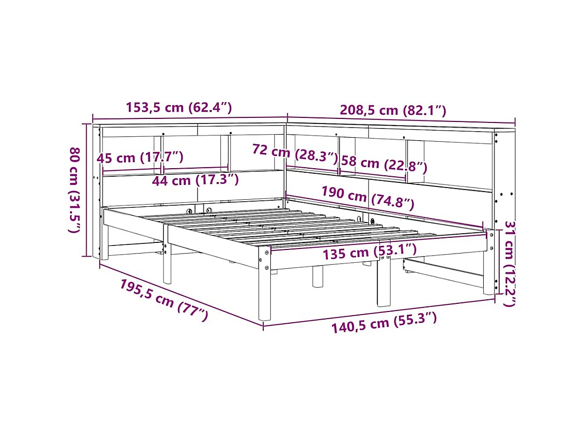 Massivholzbett mit Regal ohne Matratze Wachsbraun 135x190 cm