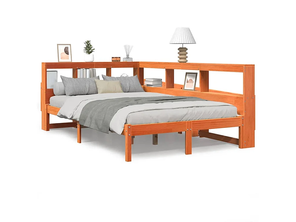 Bed met boekenkast zonder matras grenenhout wasbruin 135x190 cm