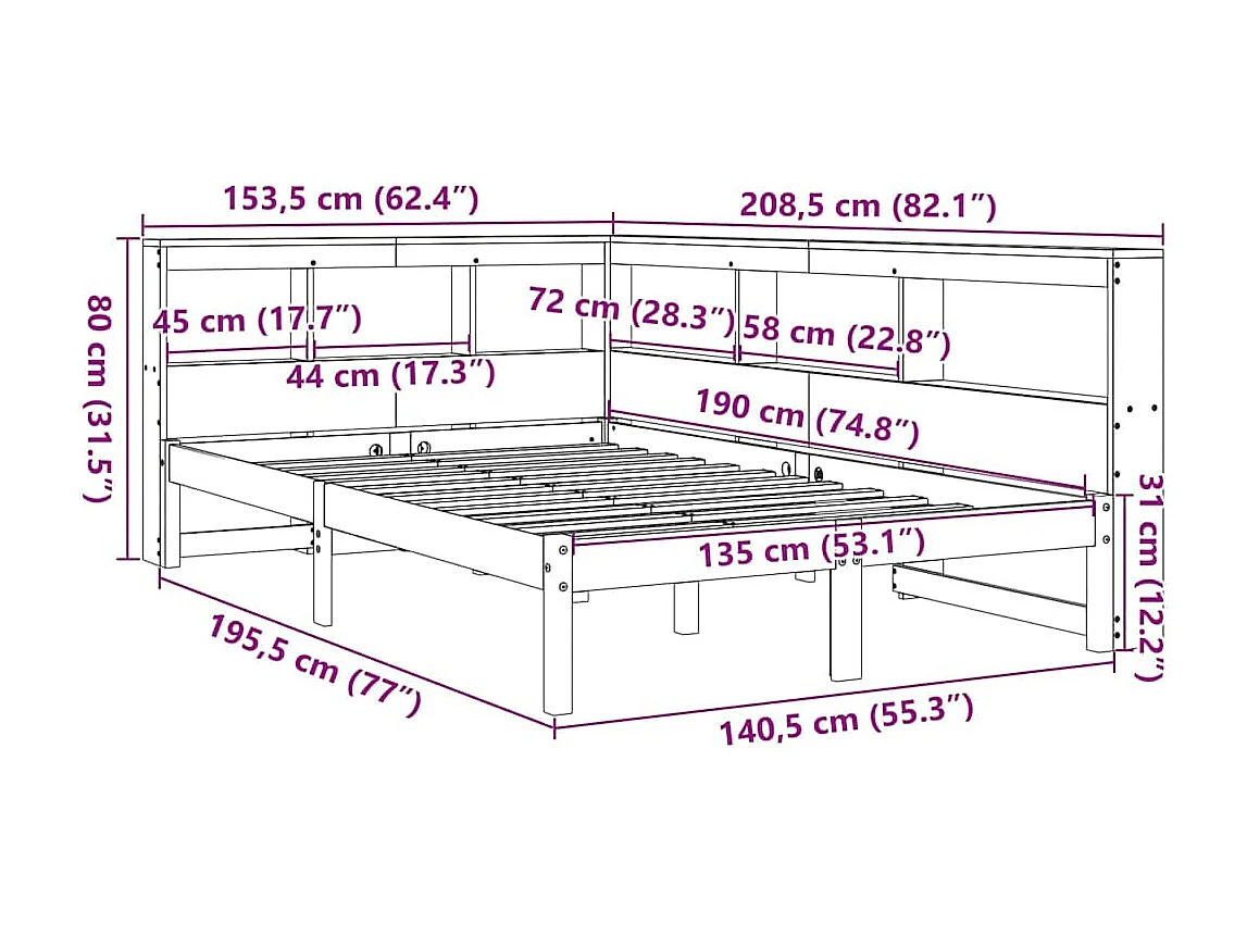 Bed met boekenkast zonder matras grenenhout wasbruin 135x190 cm