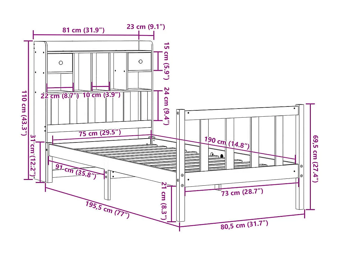 Lit bibliothèque sans matelas blanc 75x190cm bois de pin massif