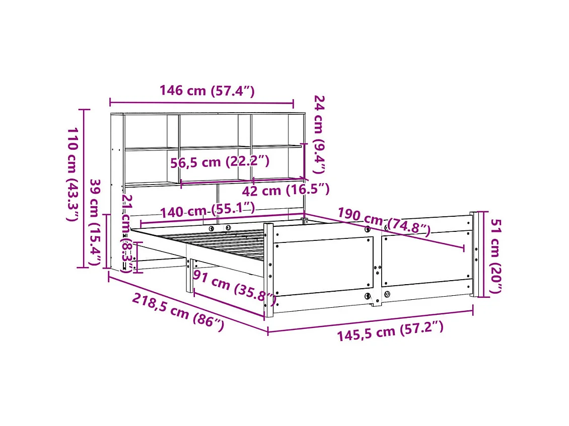 Lit bibliothèque sans matelas 140x190 cm bois de pin massif