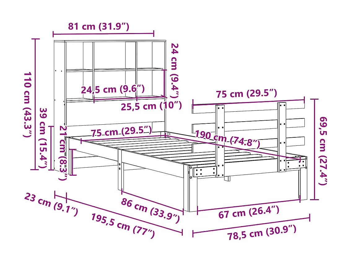 Lit bibliothèque sans matelas cire marron 75x190 cm pin massif