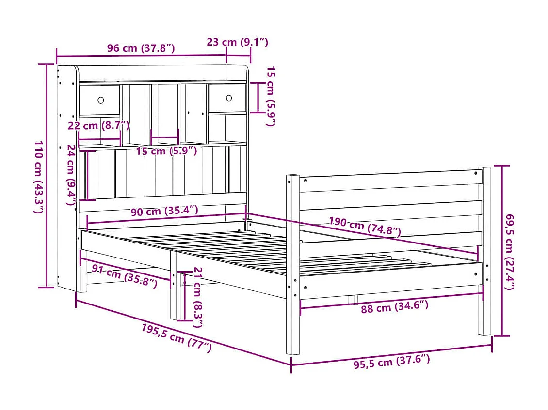 Cama con estantería sin colchón madera maciza de pino 90x190 cm