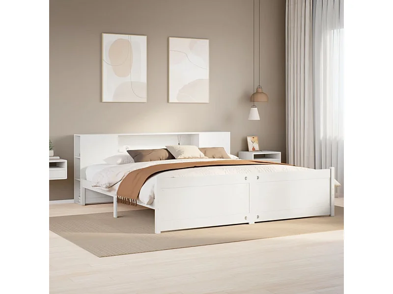 Lit bibliothèque sans matelas blanc 200x200 cm bois pin massif