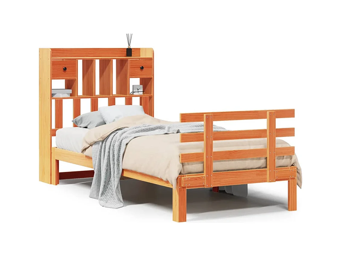 Lit bibliothèque sans matelas cire marron 75x190 cm pin massif