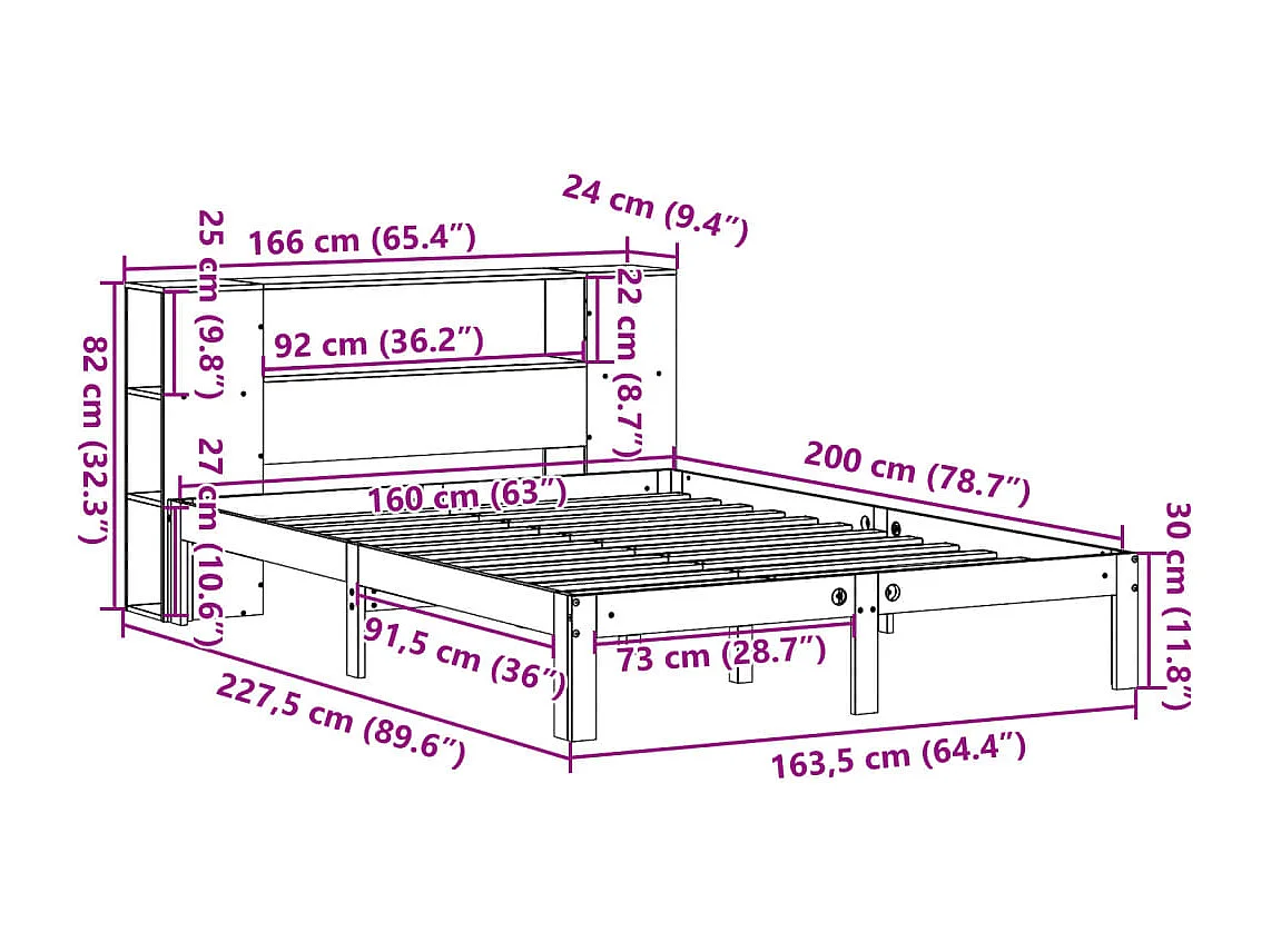 Cama con estantería sin colchón madera maciza de pino 160x200cm