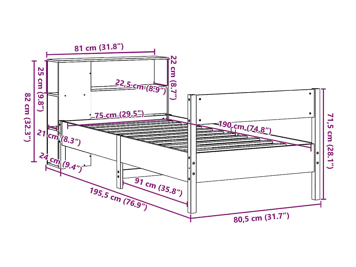 Bed met boekenkast zonder matras grenenhout wasbruin 75x190 cm