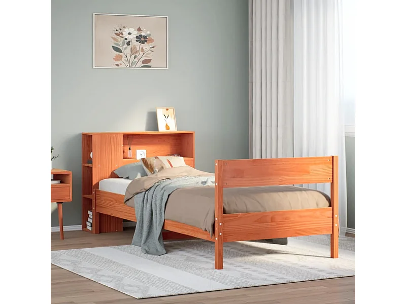 Bed met boekenkast zonder matras grenenhout wasbruin 75x190 cm