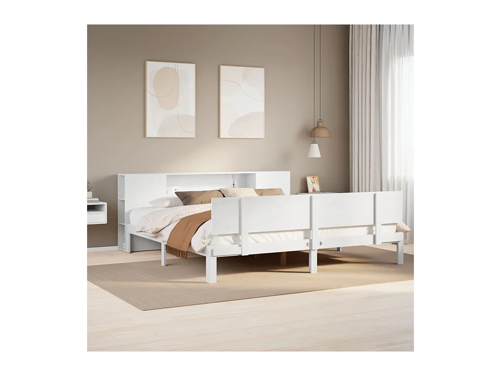 Cama con estantería sin colchón madera maciza blanca 180x200 cm