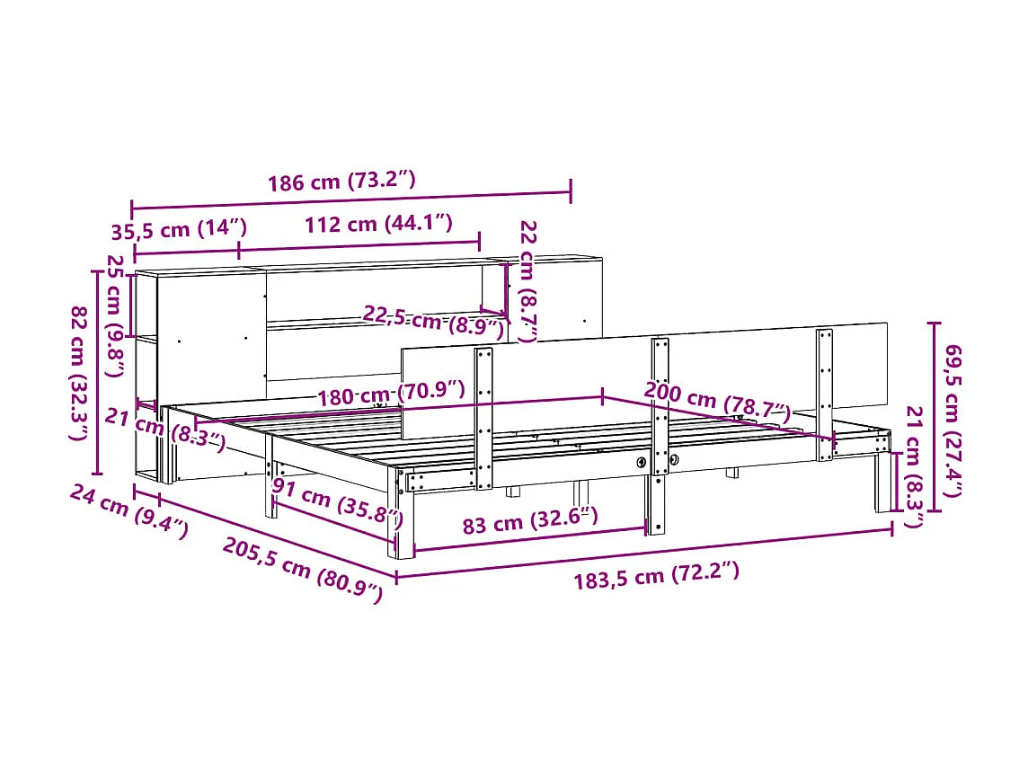 Lit bibliothèque sans matelas blanc 180x200 cm bois pin massif