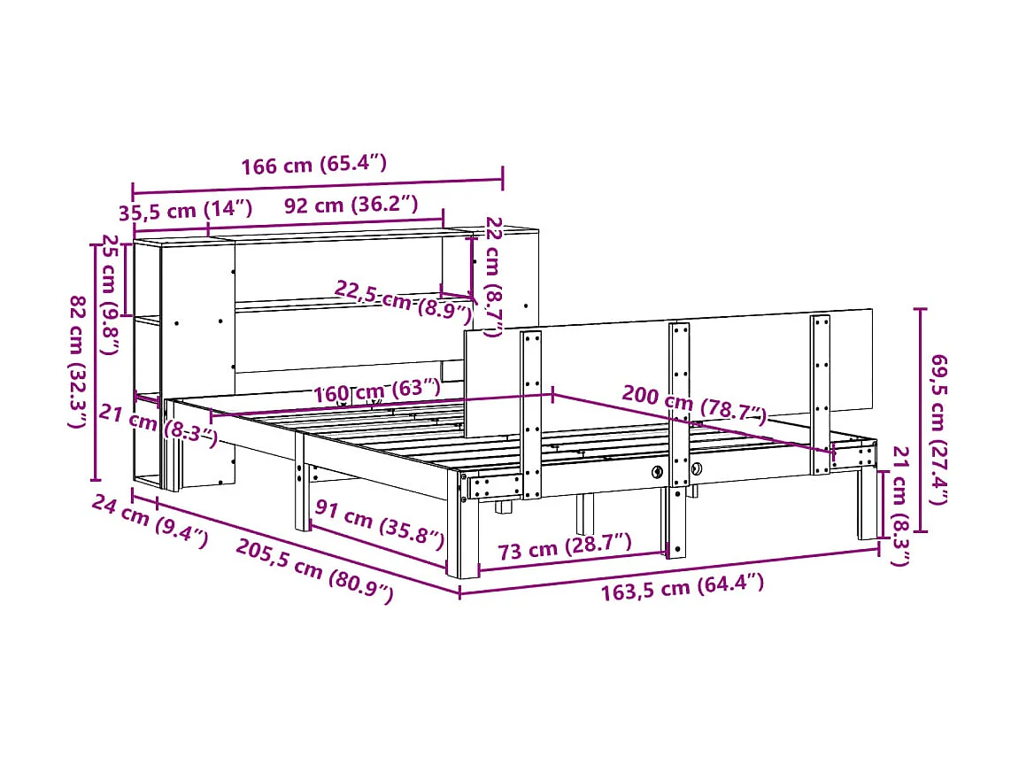 Letto Libreria senza Materasso Bianco 160x200 cm Legno di Pino