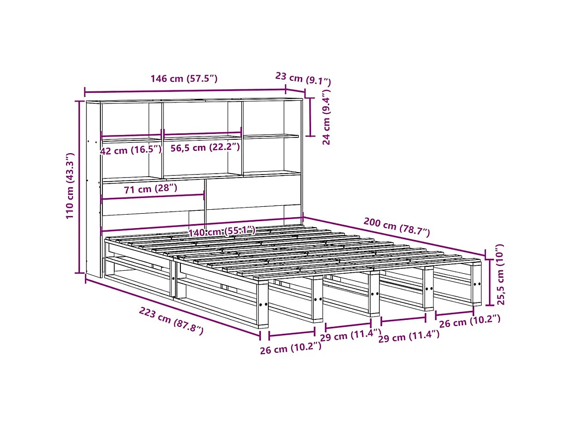 Lit bibliothèque sans matelas cire marron 140x200cm bois massif