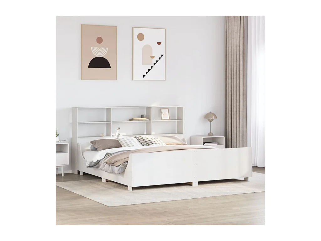 Lit bibliothèque sans matelas blanc 200x200 cm bois massif