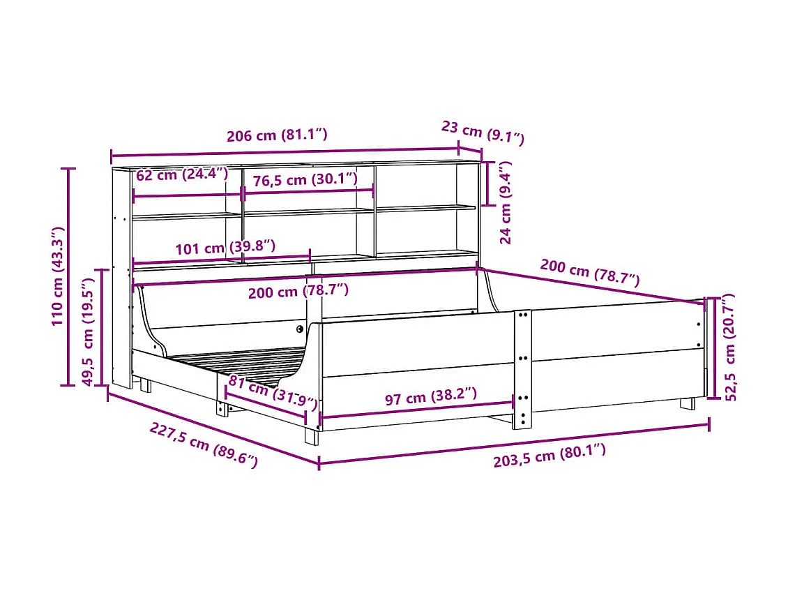 Lit bibliothèque sans matelas blanc 200x200 cm bois massif