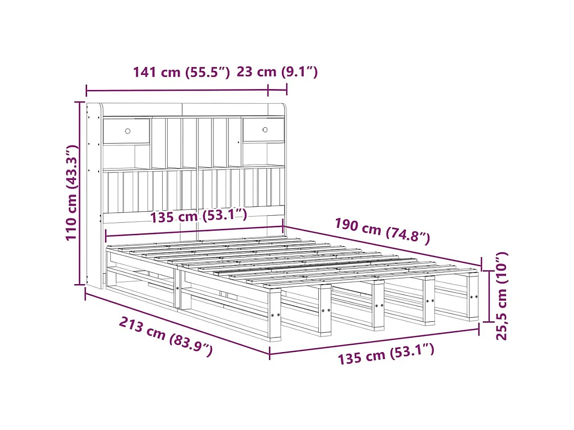 Bed met boekenkast zonder matras grenenhout wit 135x190 cm