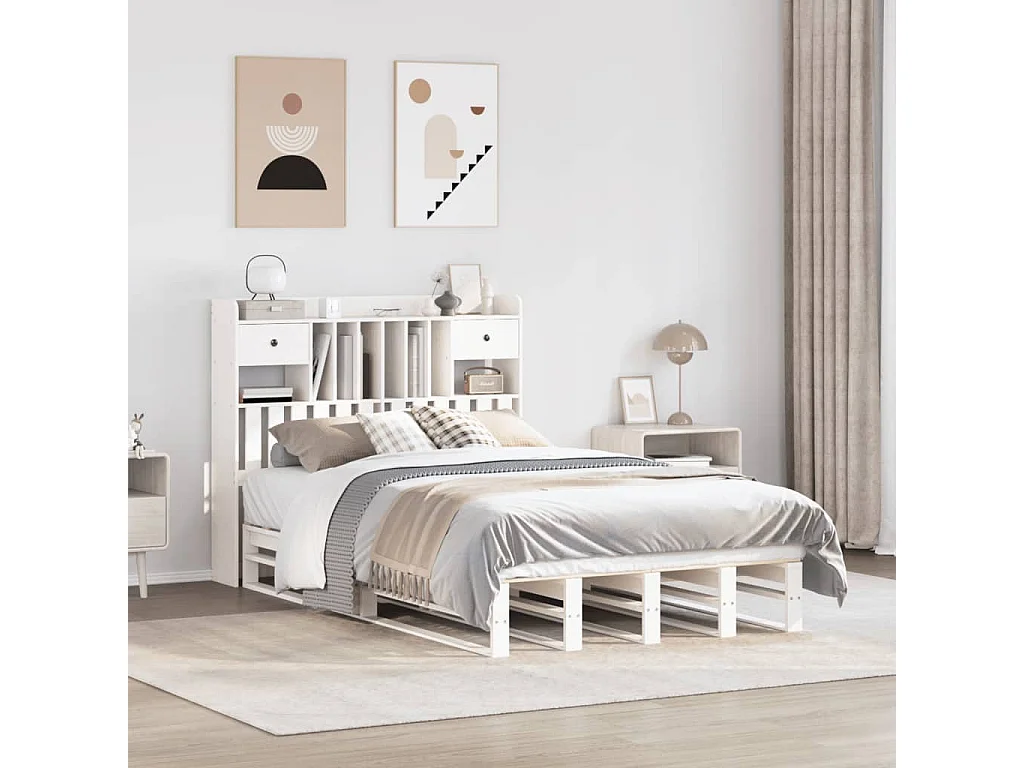Cama com estante sem colchão 135x190 cm pinho maciço branco