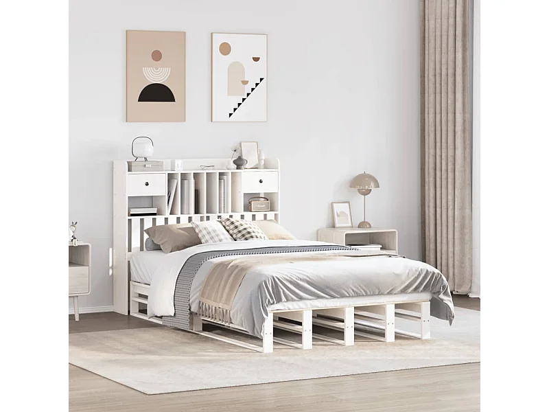 Cama con estantería sin colchón madera maciza blanca 135x190 cm