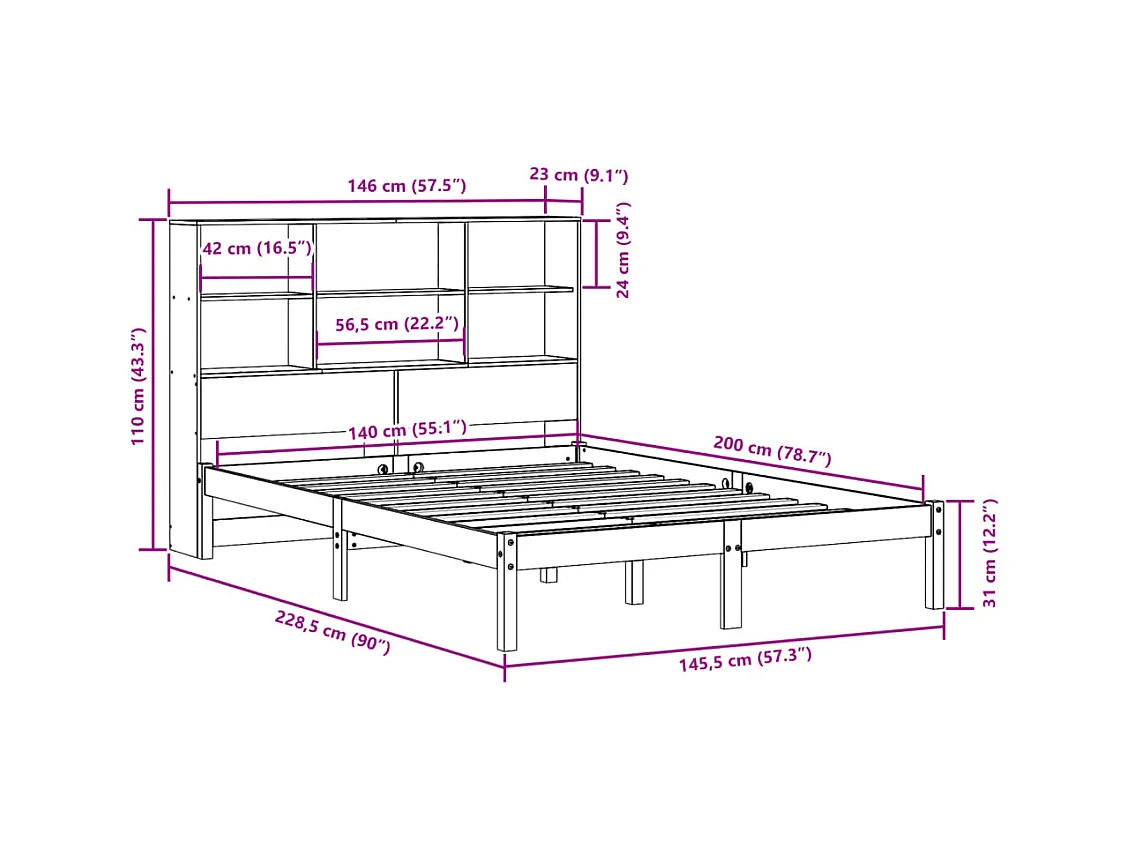 Lit bibliothèque sans matelas blanc 140x200 cm bois pin massif