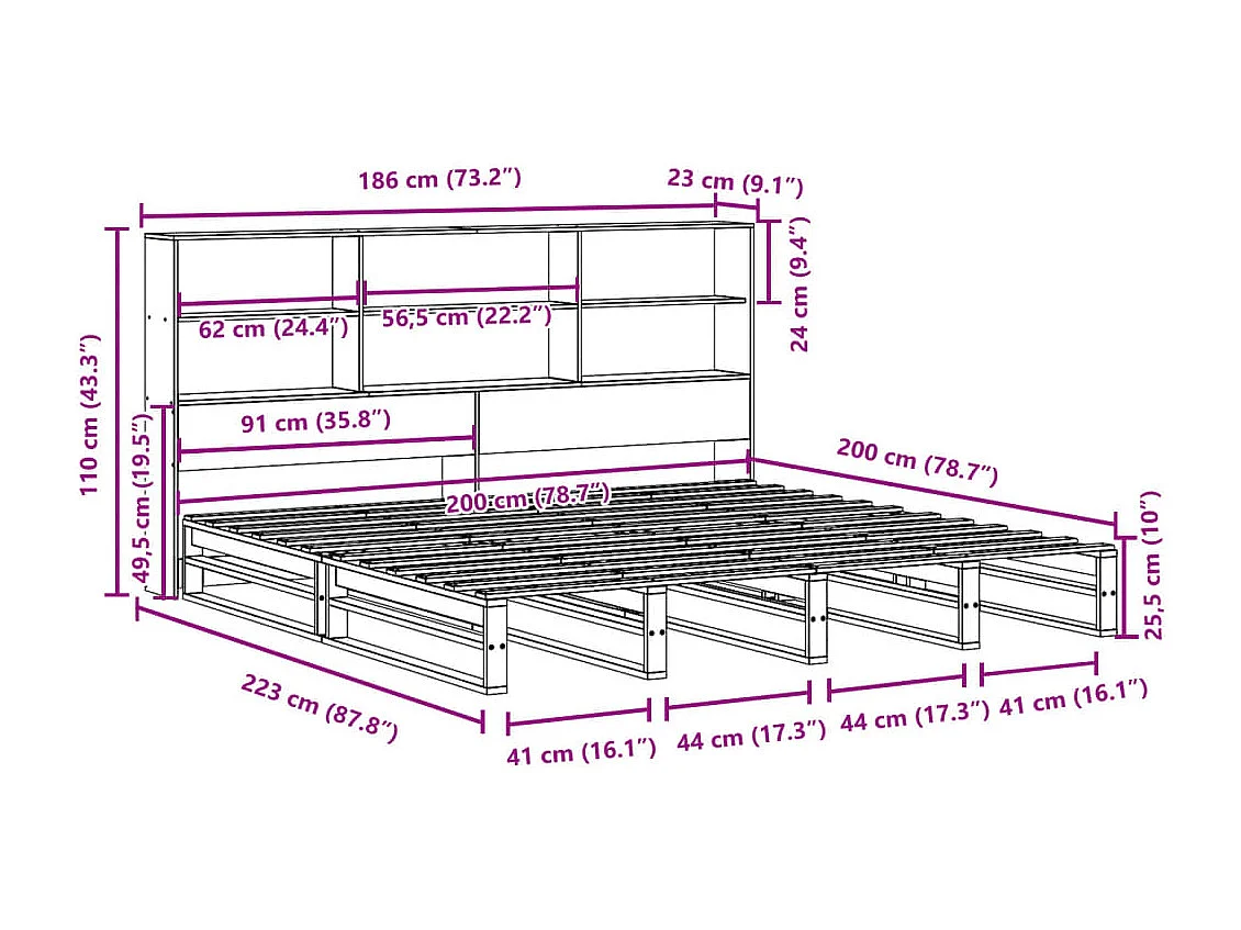 Bed met boekenkast zonder matras massief hout wit 180x200 cm