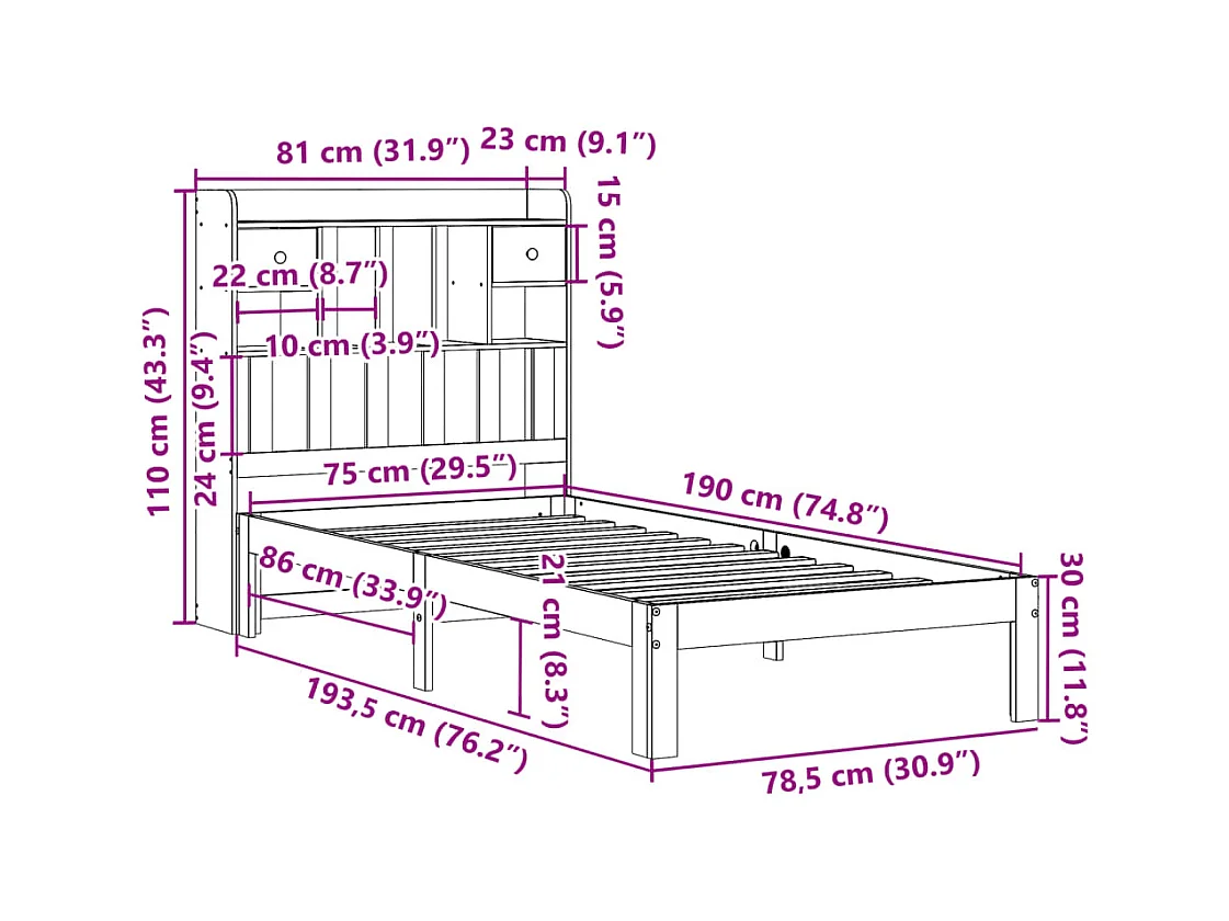 Lit bibliothèque sans matelas blanc 75x190cm bois de pin massif