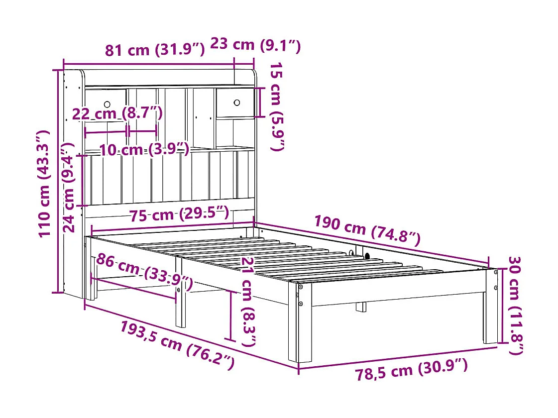 Lit bibliothèque sans matelas blanc 75x190cm bois de pin massif