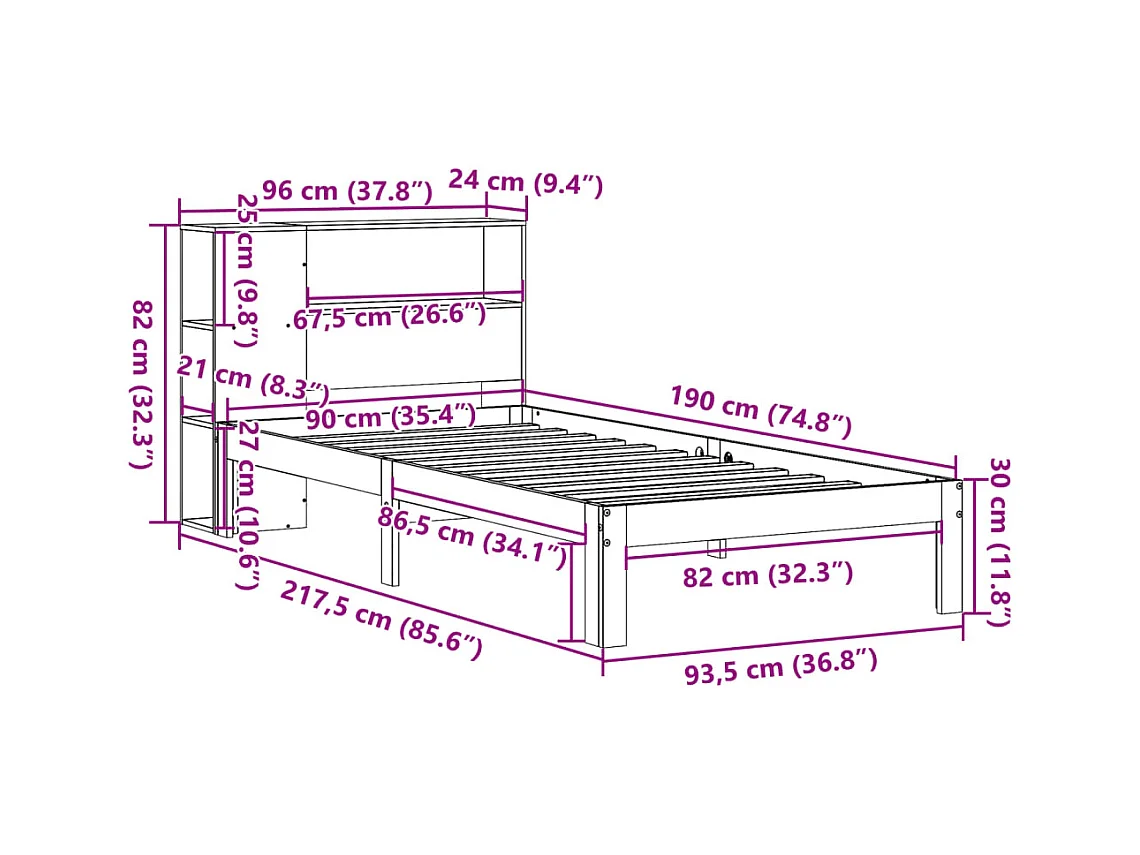 Lit bibliothèque sans matelas 90x190 cm bois de pin massif