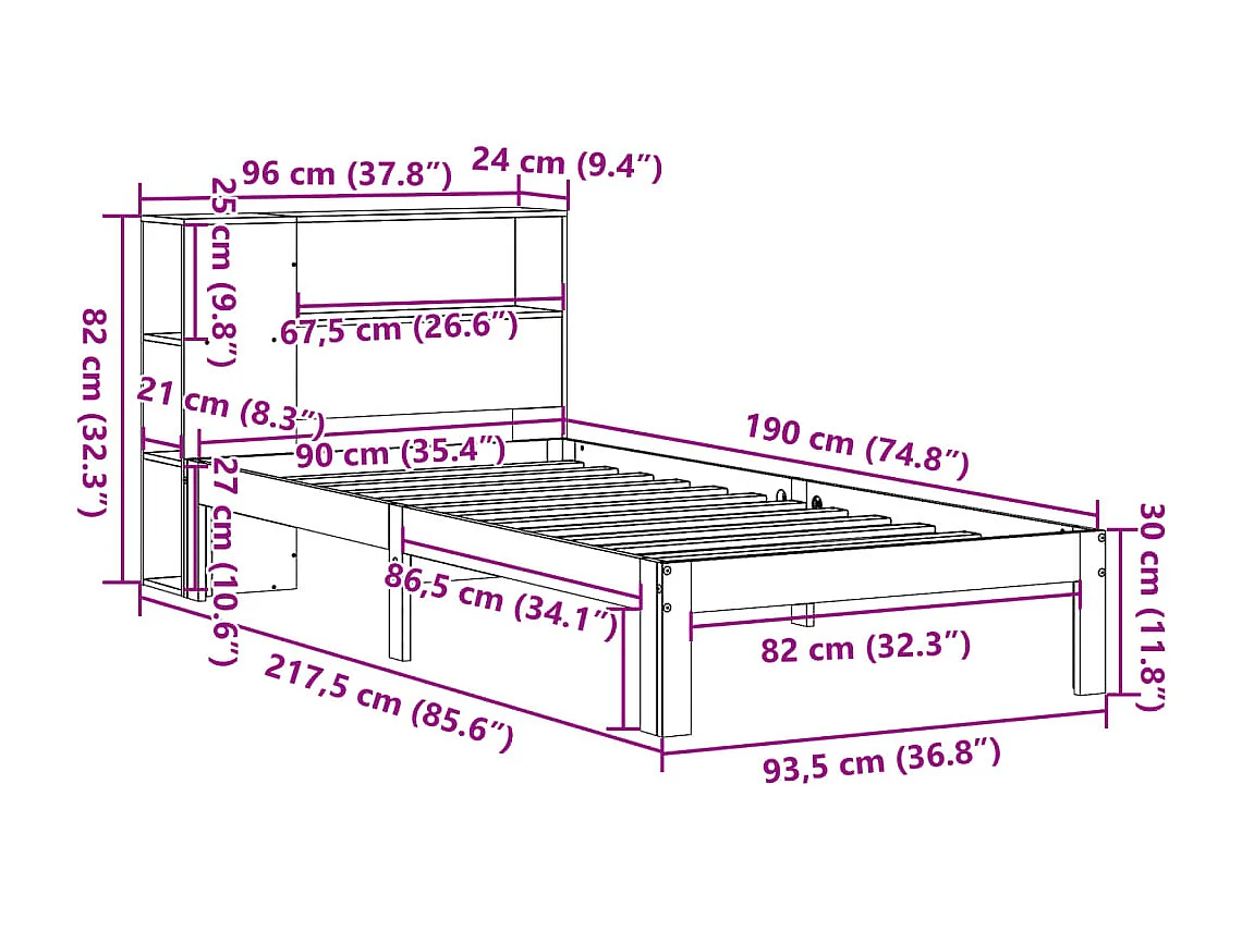 Letto Libreria senza Materasso 90x190 cm Legno Massello Pino