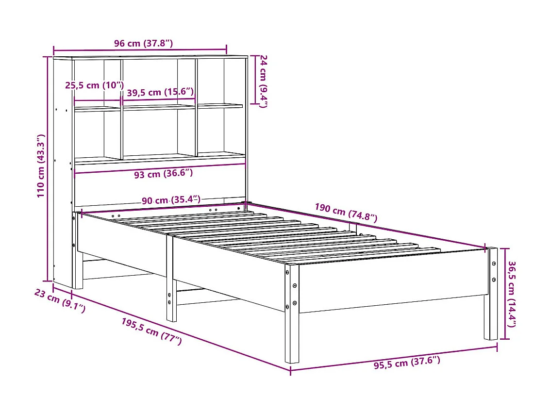Lit bibliothèque sans matelas cire marron 90x190 cm pin massif