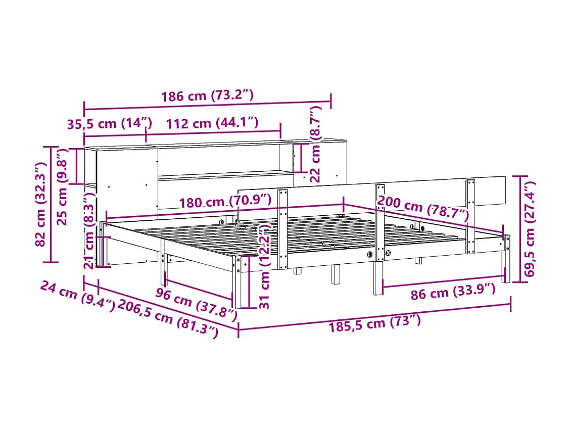 Cama com estante sem colchão 180x200 cm pinho maciço branco