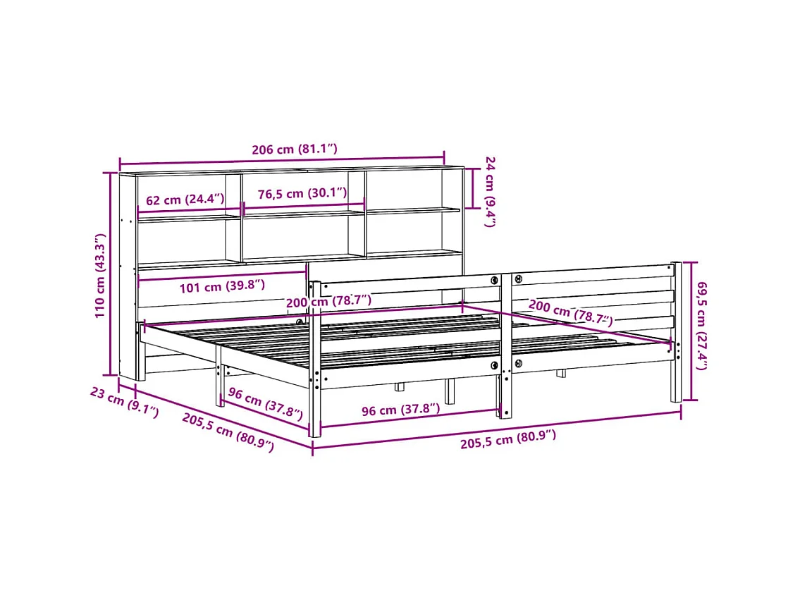Lit bibliothèque sans matelas blanc 200x200 cm bois pin massif