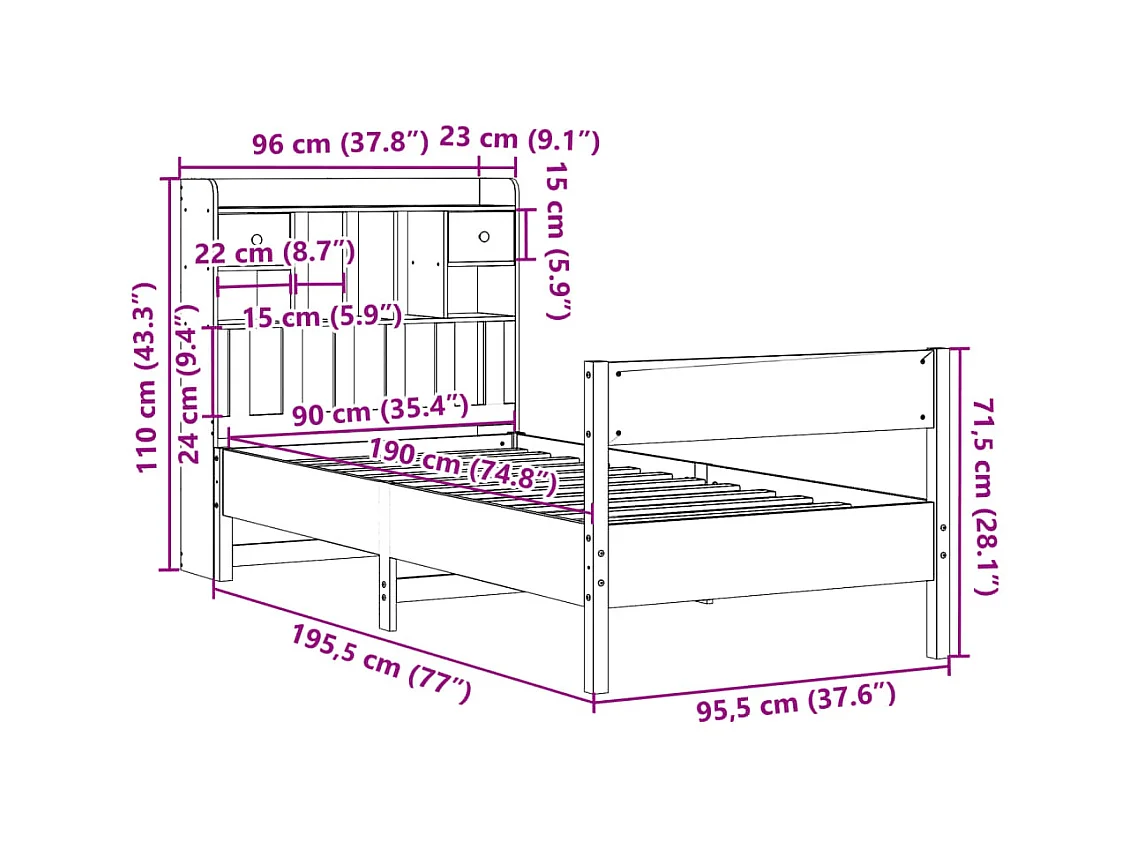Lit bibliothèque sans matelas 90x190 cm bois de pin massif