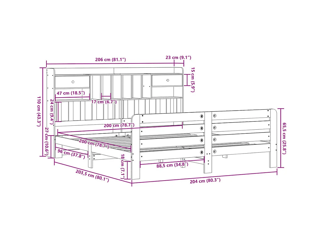 Lit bibliothèque sans matelas cire marron 200x200 cm pin massif