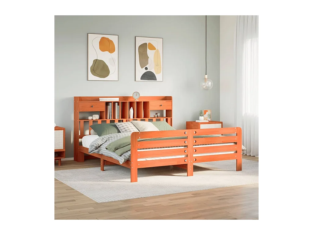 Lit bibliothèque sans matelas cire marron 200x200 cm pin massif