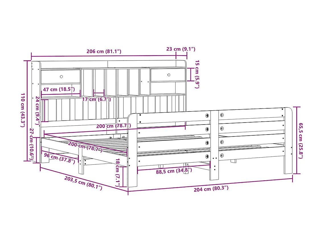 Lit bibliothèque sans matelas cire marron 200x200 cm pin massif