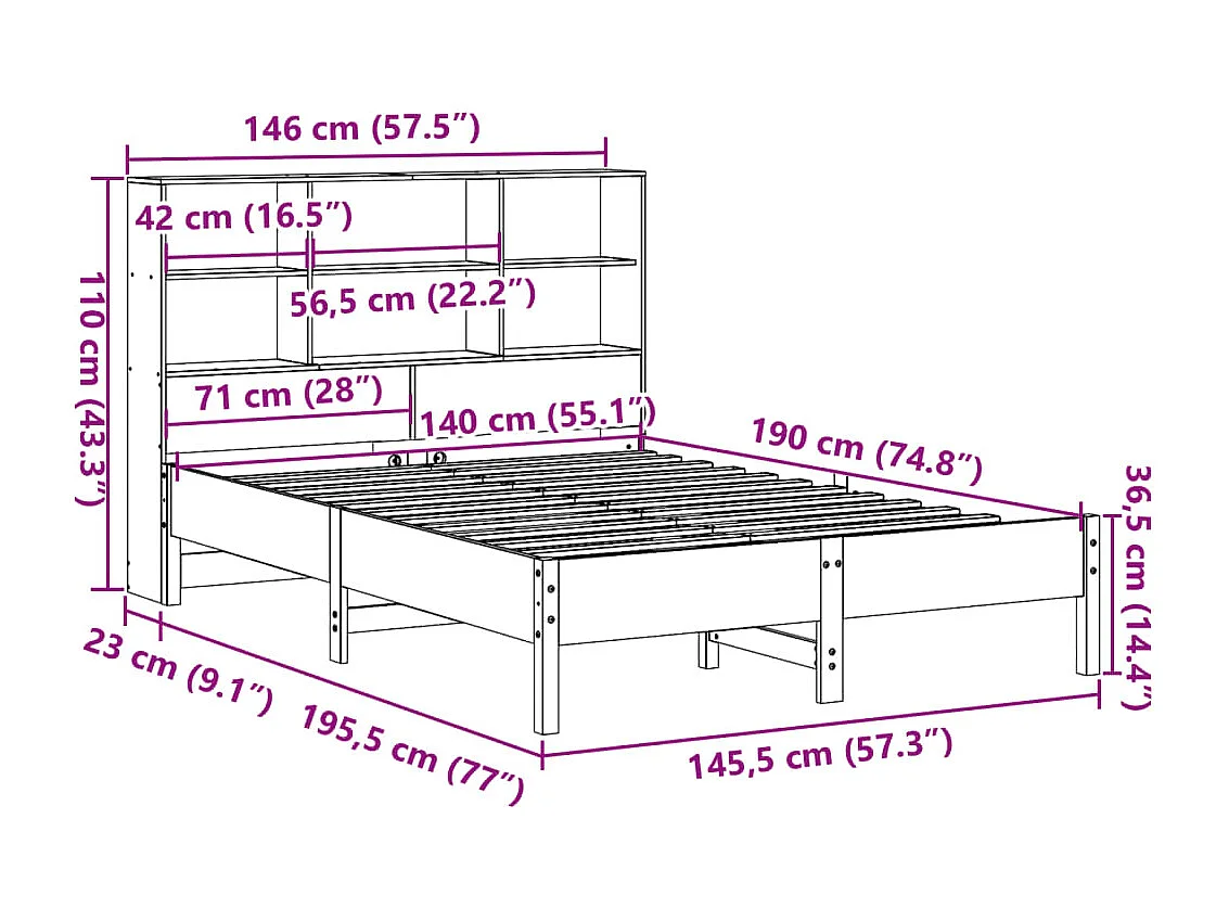 Lit bibliothèque sans matelas cire marron 140x190 cm pin massif