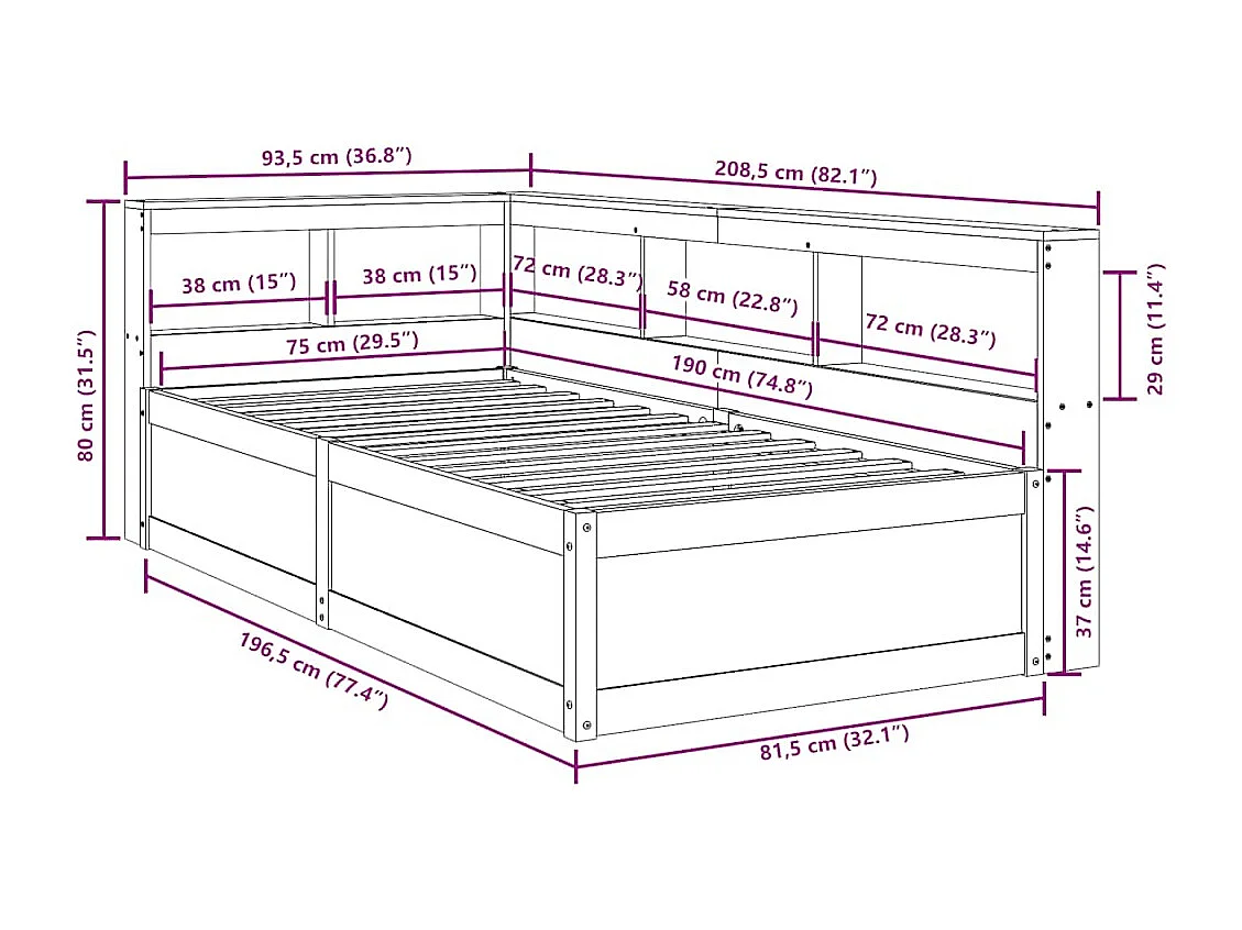 Massivholzbett mit Regal ohne Matratze Wachsbraun 75x190 cm