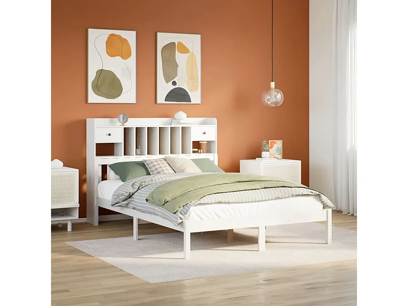 Massivholzbett mit Regal ohne Matratze Weiß 140x200 cm Kiefer