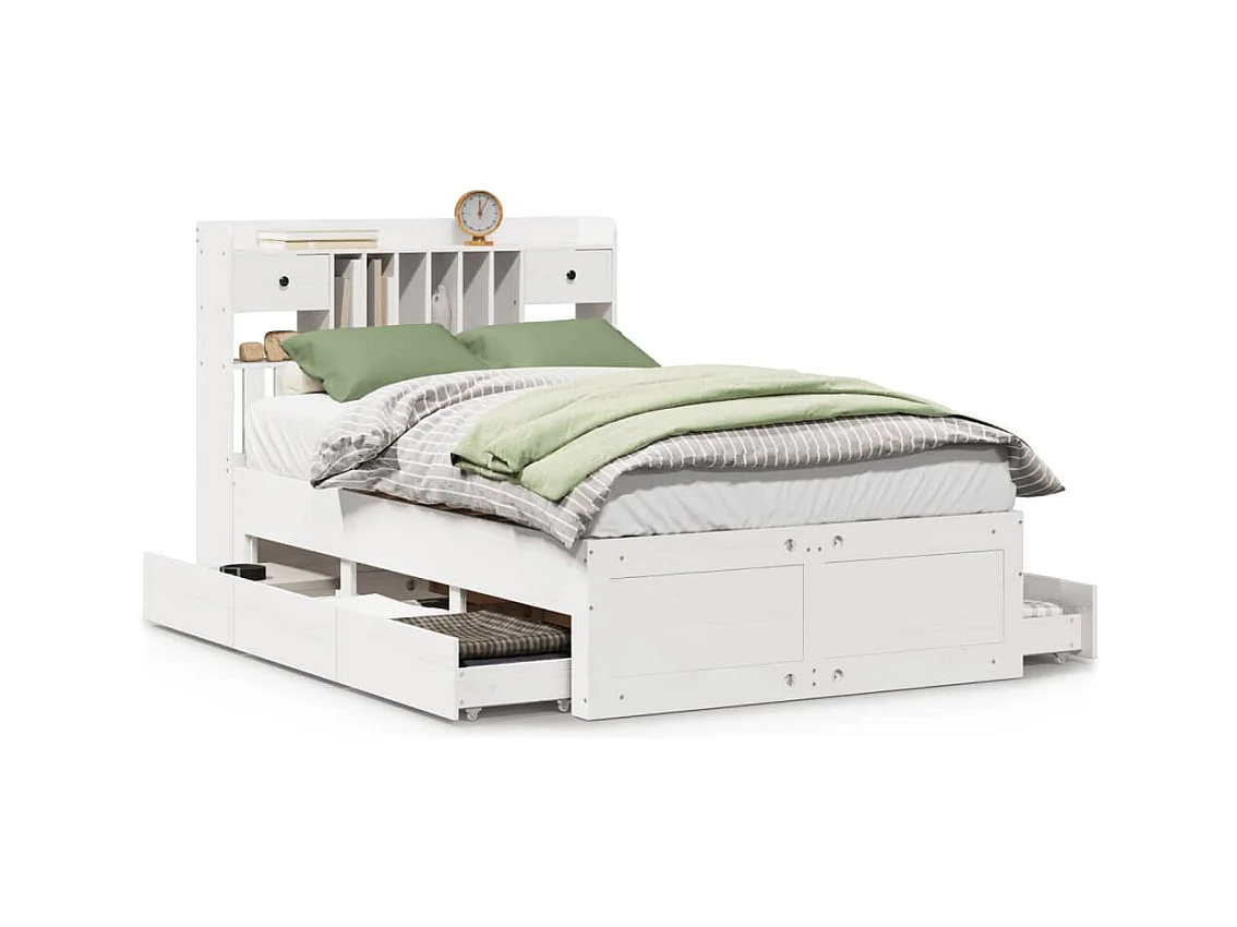 Lit bibliothèque sans matelas blanc 135x190 cm bois pin massif