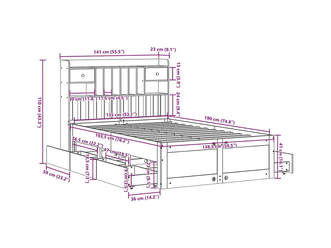 Lit bibliothèque sans matelas blanc 135x190 cm bois pin massif